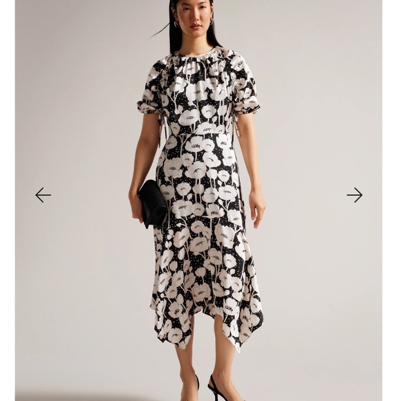 【TED BAKER】Meganie Puff Sleeve Tiered ワンピース ブラック Ted Baker Meganie Puff Sleeve Tiered Midi Dress | Oxygen